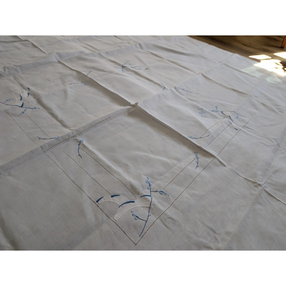 Vtg Blue Floral And "HH" Embroidery Rectangular Tablecloth 76X80